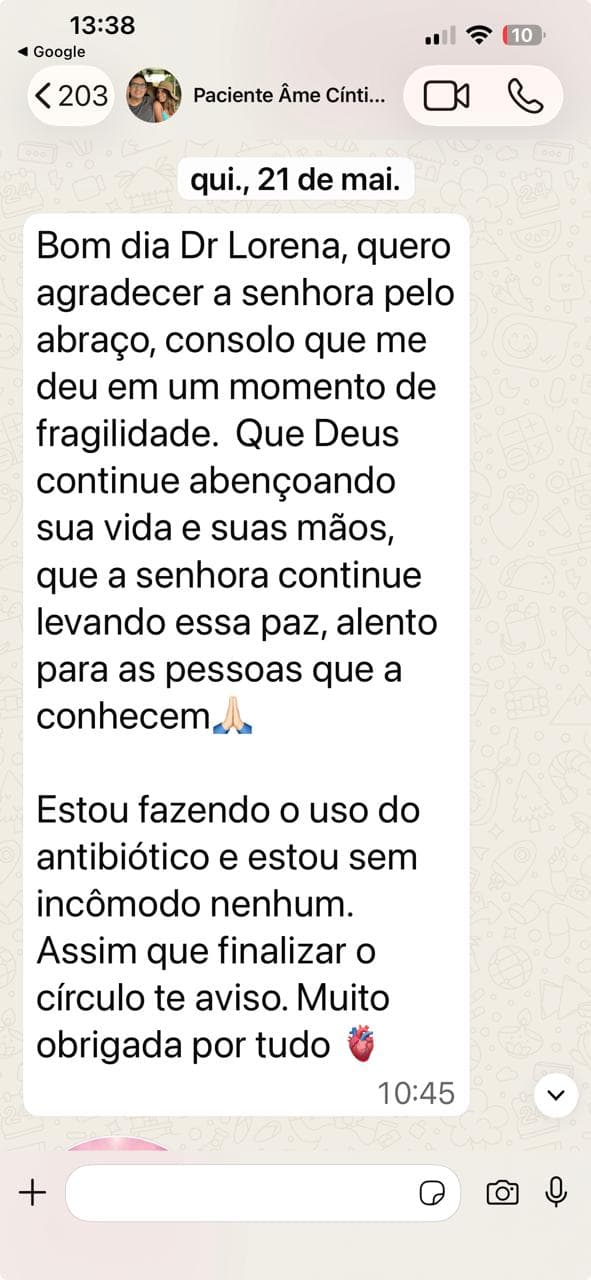 Print real de mensagem de paciente autorizando o uso do depoimento.